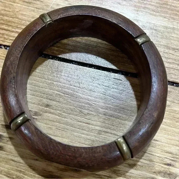 Boho wooden carved bracelet with gold tone embellishments. Slip on - Picture 3 of 5